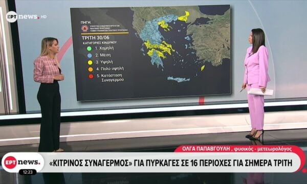«Κίτρινος συναγερμός» για πυρκαγιές σε 16 περιοχές για σήμερα Τρίτη 30/06