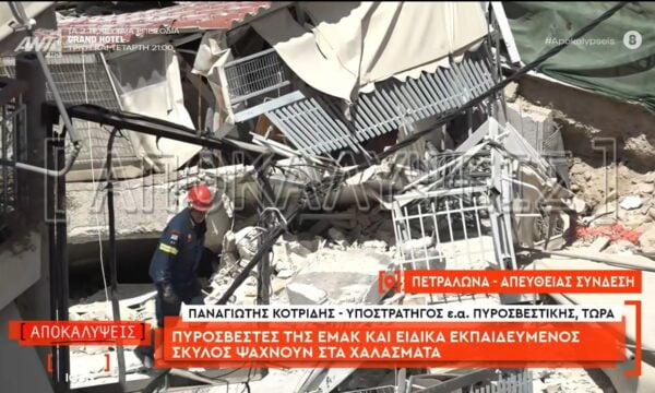 Πυροσβέστες της ΕΜΑΚ και ειδικά εκπαιδευμένος σκύλος ψάχνουν στα χαλάσματα