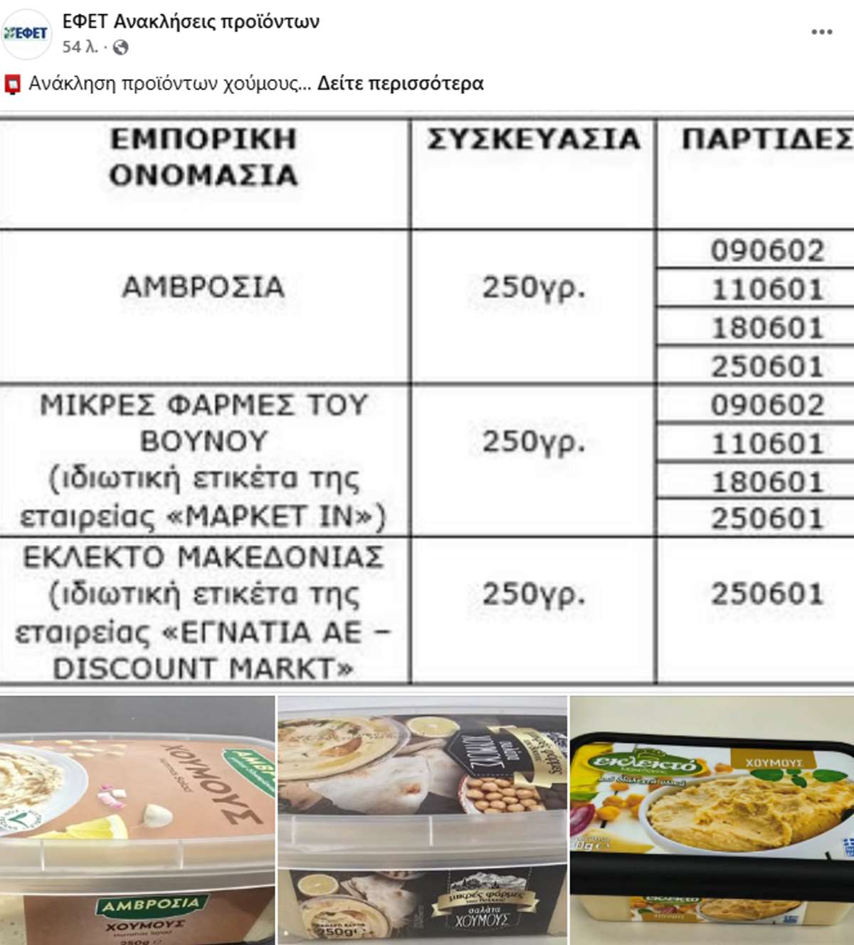 ΕΦΕΤ: Ανακαλεί από τα σούπερ μάρκετ προϊόντα χούμους γνωστής ελληνικής εταιρείας λόγω σαλμονέλας 10 ΕΦΕΤ ανάκληση προϊόντων