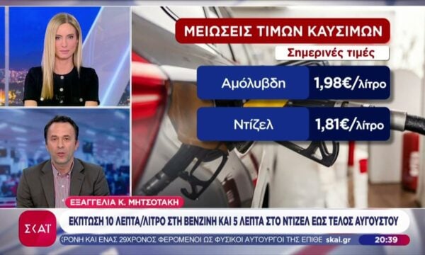 Εξαγγελία Μητσοτάκη: Μείωση 10 λεπτών στη βενζίνη και 5 λεπτών στο ντίζελ έως το τέλος Αυγούστου