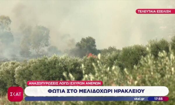 Φωτιά στο Μελιδοχώρι Ηρακλείου – Αναζωπυρώσεις λόγω ισχυρών ανέμων