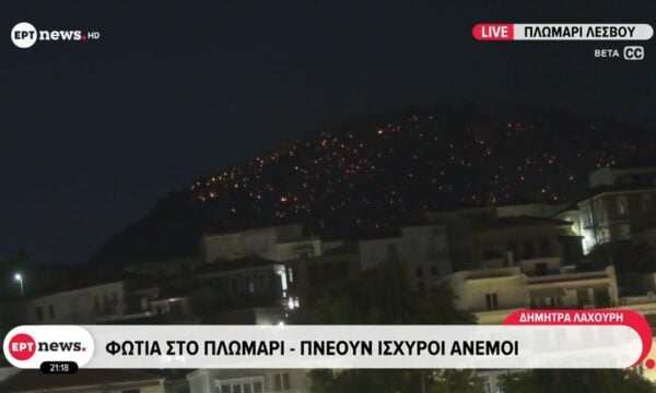 Φωτιά στο Πλωμάρι – Πνέουν ισχυροί άνεμοι