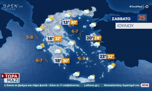 Καιρός 25/07/26: Κατα τόπους νεφώσεις με μπόρες σήμερα
