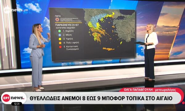Καιρός: Θυελλώδεις άνεμοι 8 έως 9 μποφόρ τοπικά στο Αιγαίο – Η πρόγνωση από την Όλγα Παπαβγούλη