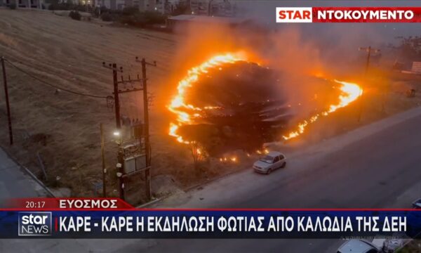 Καρέ – καρέ η εκδήλωση φωτιάς στον Εύοσμο από καλώδια της ΔΕΗ