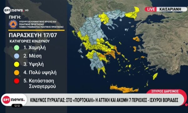 Κίνδυνος πυρκαγιάς: Στο «πορτοκαλί» η Αττική και ακόμη 7 περιοχές – Ισχυροί βοριάδες