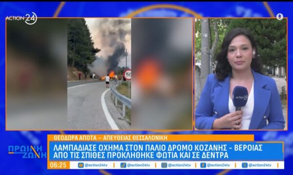 Λαμπάδιασε όχημα στον παλιό δρόμο Κοζάνης – Βέροιας, από τις σπιθές προκλήθηκε φωτιά και σε δέντρα