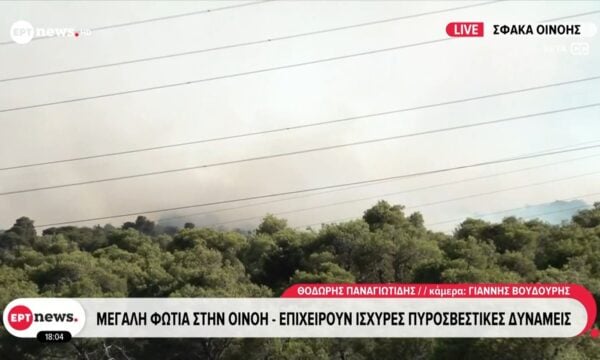 Μεγάλη φωτιά στην Οινόη: Κλειστή η παλαιά Ε.Ο. Ελευσίνας – Θηβών