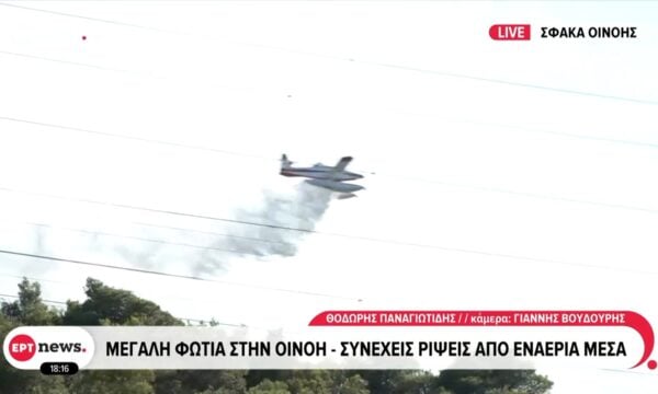 Μεγάλη φωτιά στην Οινόη: Συνεχείς ρίψεις από εναέρια μέσα