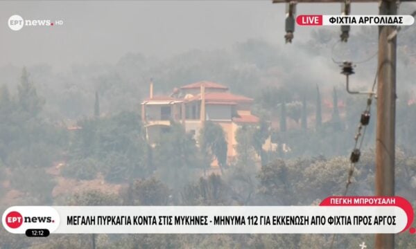 Μεγάλη πυρκαγιά κοντά στις Μυκήνες – Μήνυμα 112 για εκκένωση από Φίχτι προς Άργος
