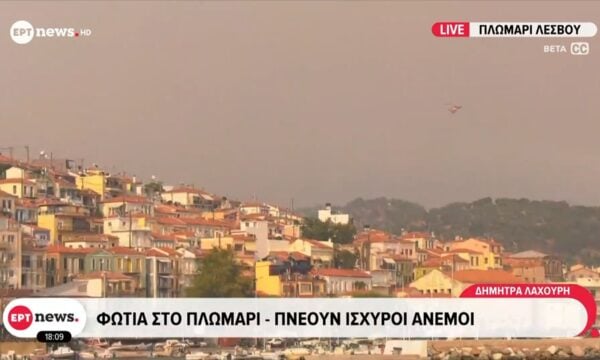 Σε εξέλιξη η φωτιά στο Πλωμάρι Λέσβου – Πνέουν ισχυροί άνεμοι στην περιοχή