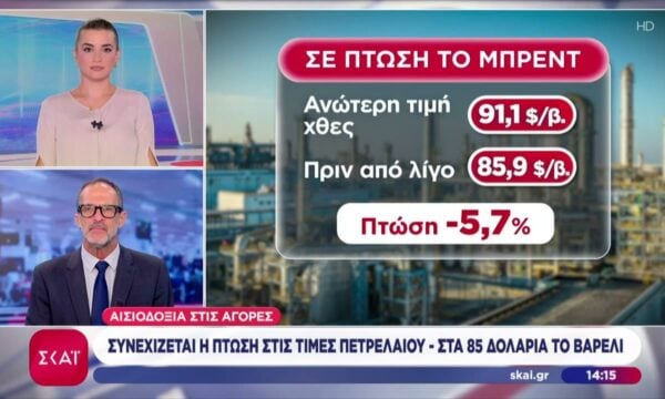 Συνεχίζεται η πτώση στις τιμές πετρελαίου – Στα 85 δολάρια το βαρέλι