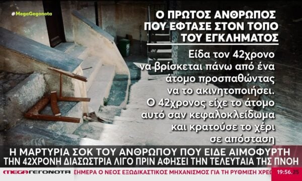 Σύρος – Η μαρτυρία του πρώτου ανθρώπου που έφτασε στον τόπο του εγκλήματος: «Είδα τον 42χρονο να προσπαθεί να ακινητοποιήσει ένα άτομο»