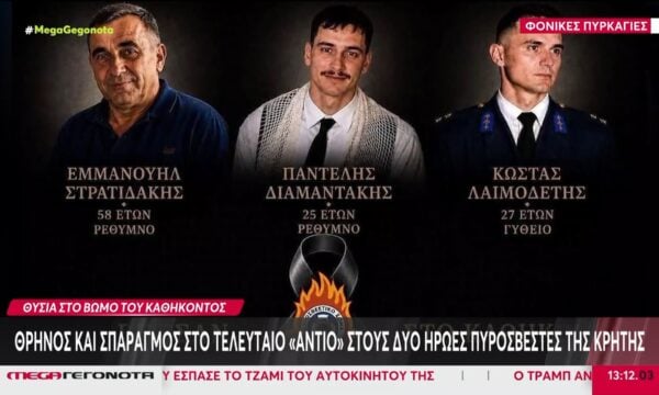 Θρήνος και σπαραγμός στο τελευταίο “αντίο” στους δύο ήρωες πυροσβέστες της Κρήτης