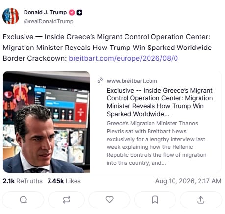 Πλεύρης στο Breitbart: Η επανεκλογή Τραμπ άλλαξε τη μεταναστευτική πολιτική και η συνέντευξη που αναδημοσίευσε ο Αμερικανός πρόεδρος 7 Πλεύρης στο Breitbart: Η επανεκλογή Τραμπ άλλαξε τη μεταναστευτική πολιτική και η συνέντευξη που αναδημοσίευσε ο Αμερικανός πρόεδρος
