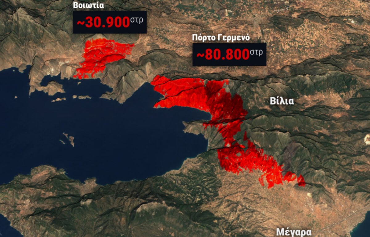 Φωτιές σε Αττική και Βοιωτία: Πάνω από 111.000 στρέμματα έγιναν στάχτη από δορυφορική εικόνα