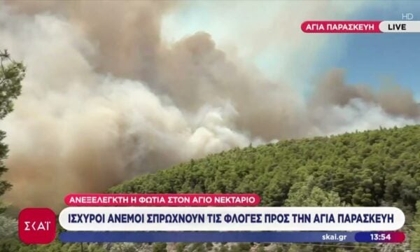 Ανεξέλεγκτη η φωτιά στον Άγιο Νεκτάριο: Ισχυροί άνεμοι σπρώχνουν τις φλόγες προς την Αγία Παρασκευή