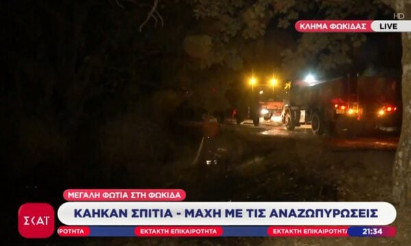 Δύσκολη νύχτα στη Φωκίδα: Κάηκαν σπίτια – Μάχη με τις αναζωπυρώσεις