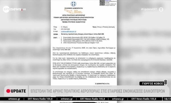 Έλεγχο στο ελικόπτερα Bell 206 ζητά η ΑΠΑ από τις εταιρείες ενοικιάσεως