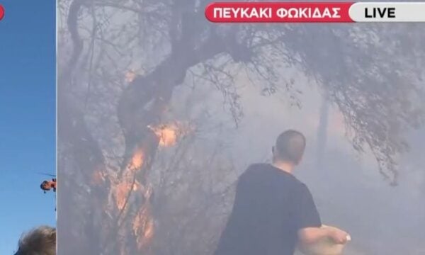 Φωκίδα: Κάτοικος παλεύει με μια λεκάνη νερό να κατευνάσει τις φλόγες
