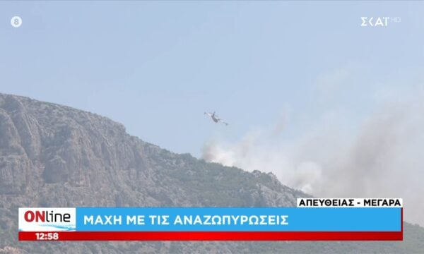 Φωτιά στα Μέγαρα: Ρίψεις νερού από τα εναέρια μέσα σε αναζωπυρώσεις