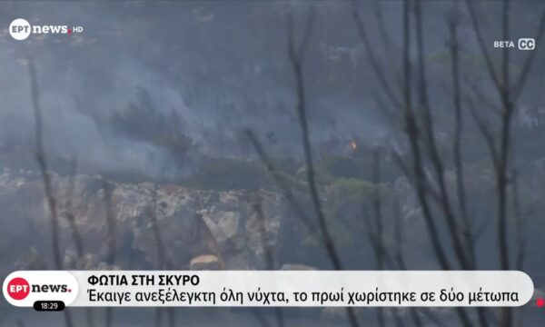 Φωτιά στη Σκύρο: Έκαιγε ανεξέλεγκτη όλη νύχτα, το πρωί χωρίστηκε σε δύο μέτωπα
