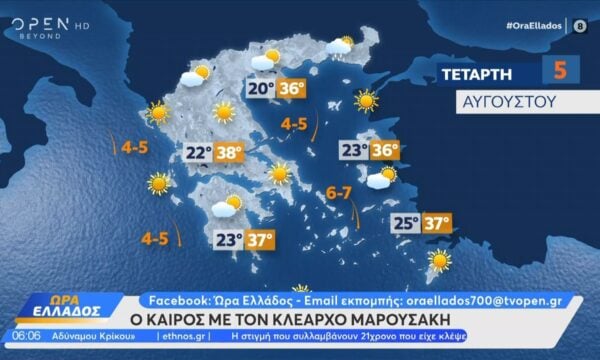 Καιρός 05/08/2026: Με ηλιοφάνεια οι περισσότερες περιοχές της χώρας