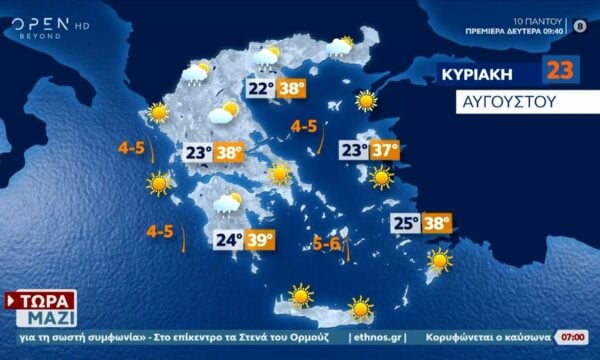 Καιρός 23/08/2026: Αίθριος και ζεστός ο καιρός με θερμοκρασίες έως 40°C