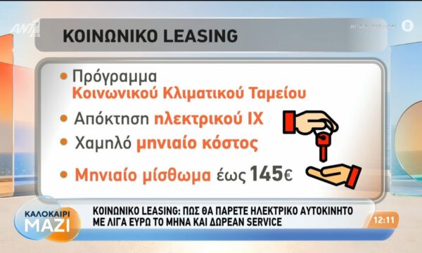 Κοινωνικό Leasing: Πώς θα πάρετε ηλεκτρικό αυτοκίνητο με λίγα ευρώ το μήνα – Καλοκαίρι Μαζί – 19/08/2026