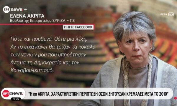 Κόντρα κυβέρνησης – αντιπολίτευσης για την πρόταση ΣΥΡΙΖΑ να εκλεγεί η Έλενα Ακρίτα στη θέση της Ε’ αντιπροέδρου της Βουλής