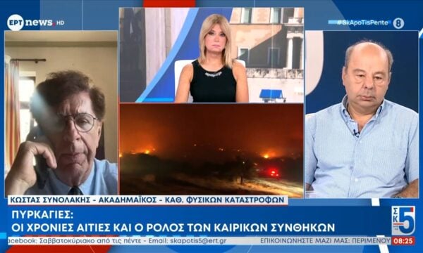 Ο Κώστας Συνολάκης (Καθ. Φυσικών Καταστροφών) και ο Φώτης Δημαρέσης (Αντιστράτηγος ε.α. Πυροσβεστικού Σώματος) στο ΕΡΤnews