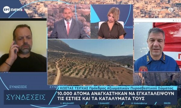Ο πρόεδρος της Ένωσης Αξιωματικών ΠΣ Κώστας Τσίγκας και ο υπεύθυνος δράσεων για τις πυρκαγιές WWF Ελλάδας Ηλίας Τζηρίτης στο ΕΡΤnews