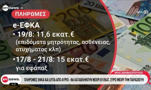 Πληρωμές ΕΦΚΑ και ΔΥΠΑ από αύριο – Θα καταβληθούν μέχρι 61 εκατ. ευρώ μέχρι την Παρασκευή