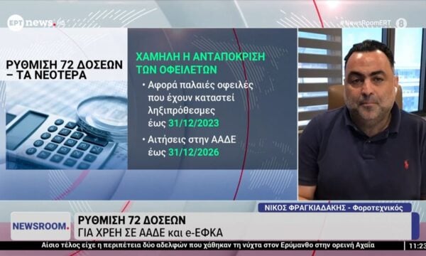 Ρύθμιση 72 δόσεων για χρέη σε ΑΑΔΕ και e-ΕΦΚΑ – Ο Νίκος Φραγκιαδάκης (Φοροτεχνικός) στο ΕΡΤnews
