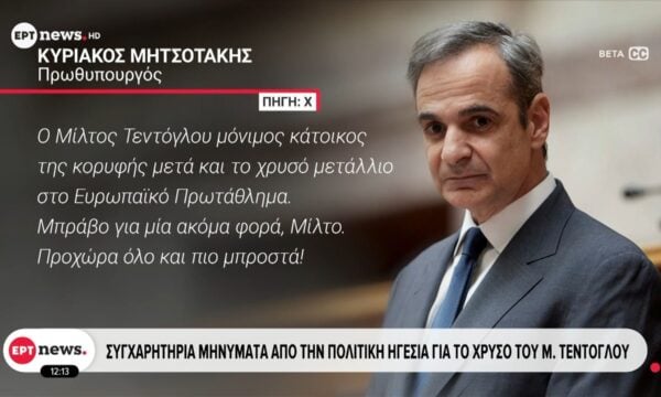 Συγχαρητήρια μηνύματα από την πολιτική ηγεσία για το χρυσό του Μίλτου Τεντόγλου