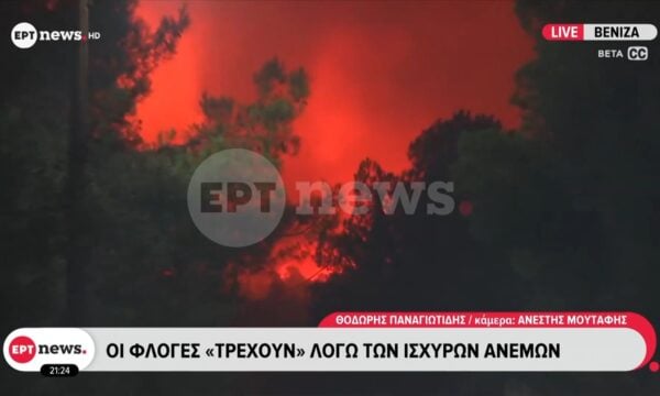 Βενίζα: Οι φλόγες «τρέχουν» λόγω των ισχυρών ανέμων
