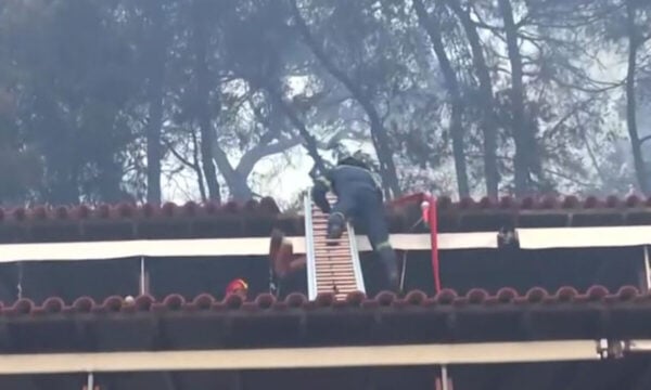 Φωτιά στη Χαλκιδική: Η στιγμή που πυροσβέστης χάνει την ισορροπία του και πέφτει από σκάλα σε σκεπή