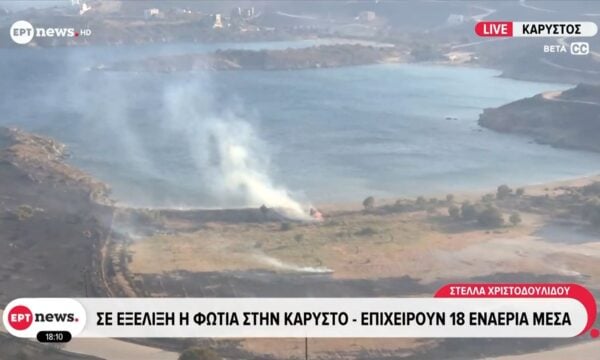 Σε εξέλιξη η φωτιά στην Κάρυστο – Επιχειρούν 18 εναέρια μέσα