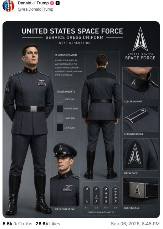 Τραμπ: Δημοσίευσε στολές της Space Force εμπνευσμένες από ταινία με ναζιστική αισθητική 7 Τραμπ: Δημοσίευσε στολές της Space Force εμπνευσμένες από ταινία με ναζιστική αισθητική