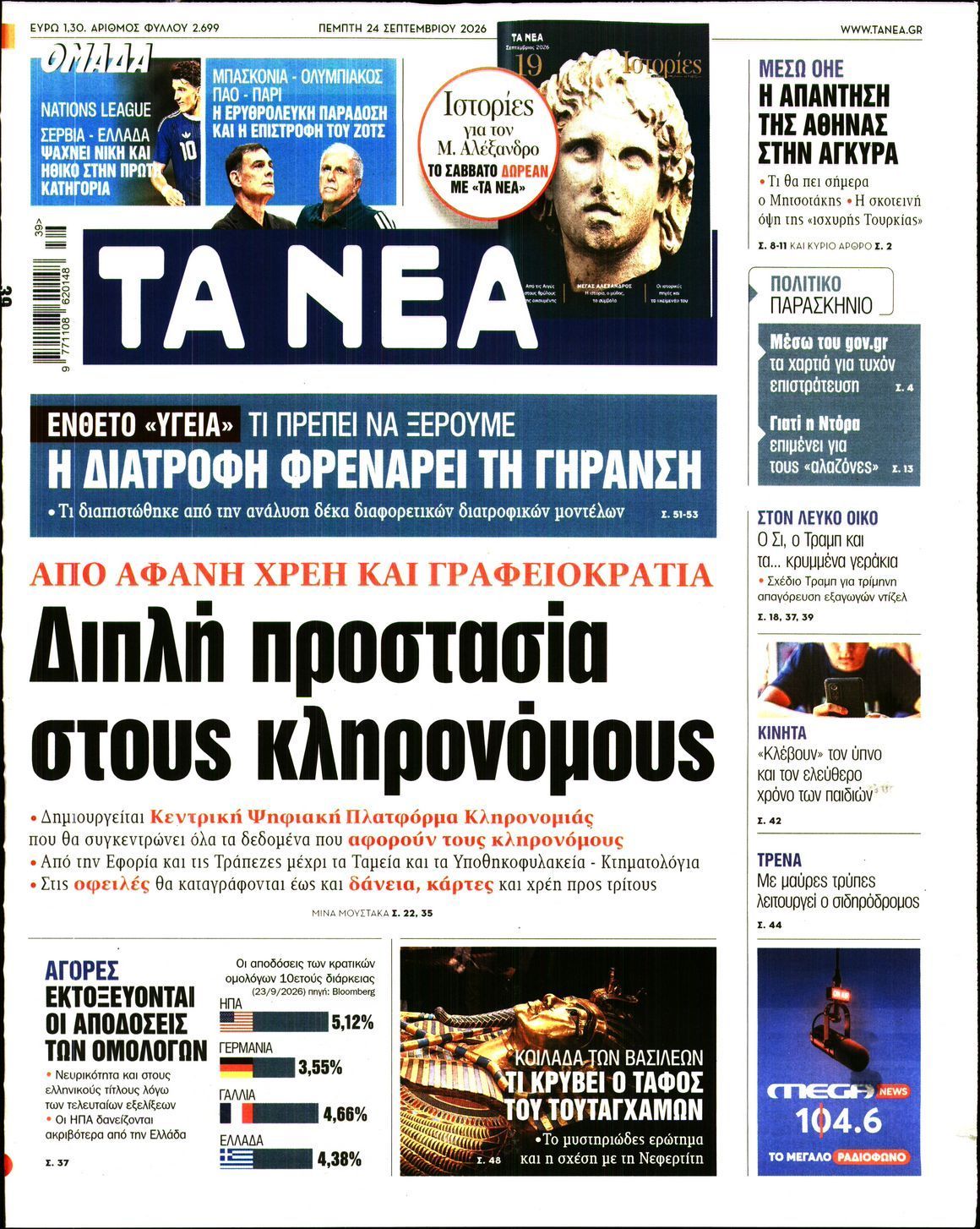 Πρωτοσέλιδο εφημερίδας ΤΑ ΝΕΑ, Πέμπτη 24 Σεπτεμβρίου 2026