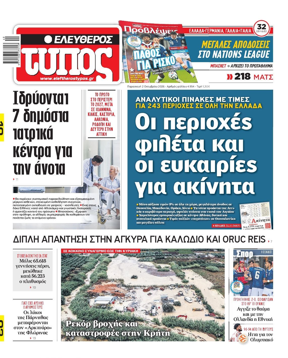 Πρωτοσέλιδο εφημερίδας ΕΛΕΥΘΕΡΟΣ ΤΥΠΟΣ, Παρασκευή 2 Οκτωβρίου 2026