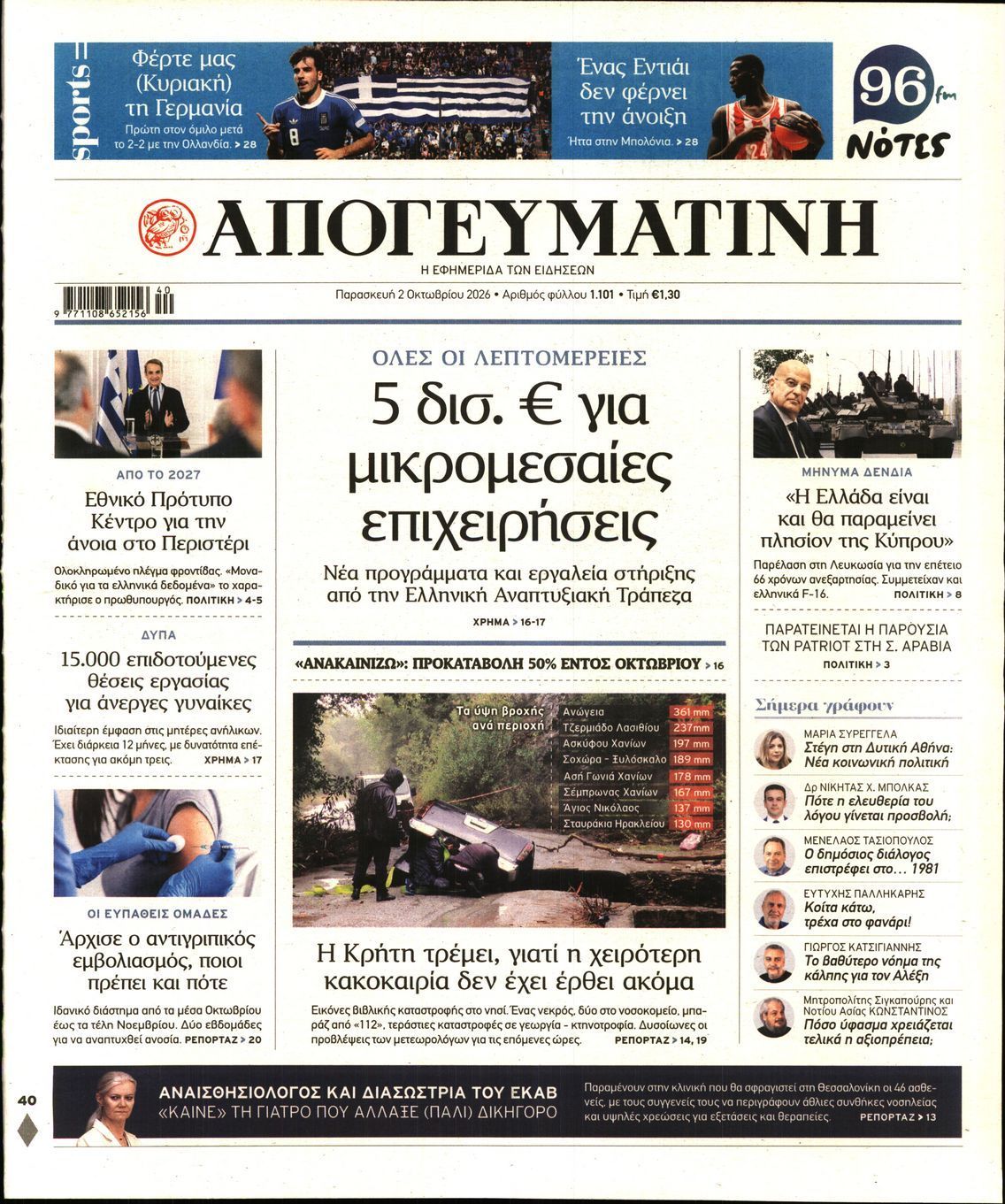 Πρωτοσέλιδο εφημερίδας ΑΠΟΓΕΥΜΑΤΙΝΗ, Παρασκευή 2 Οκτωβρίου 2026