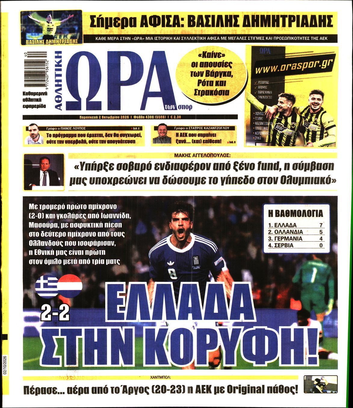 Πρωτοσέλιδο εφημερίδας ΩΡΑ ΤΩΝ ΣΠΟΡ, Παρασκευή 2 Οκτωβρίου 2026