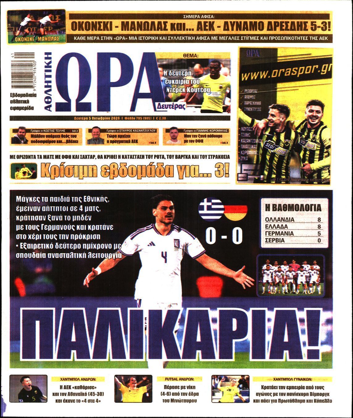 Πρωτοσέλιδο εφημερίδας ΩΡΑ ΤΩΝ ΣΠΟΡ, Δευτέρα 5 Οκτωβρίου 2026