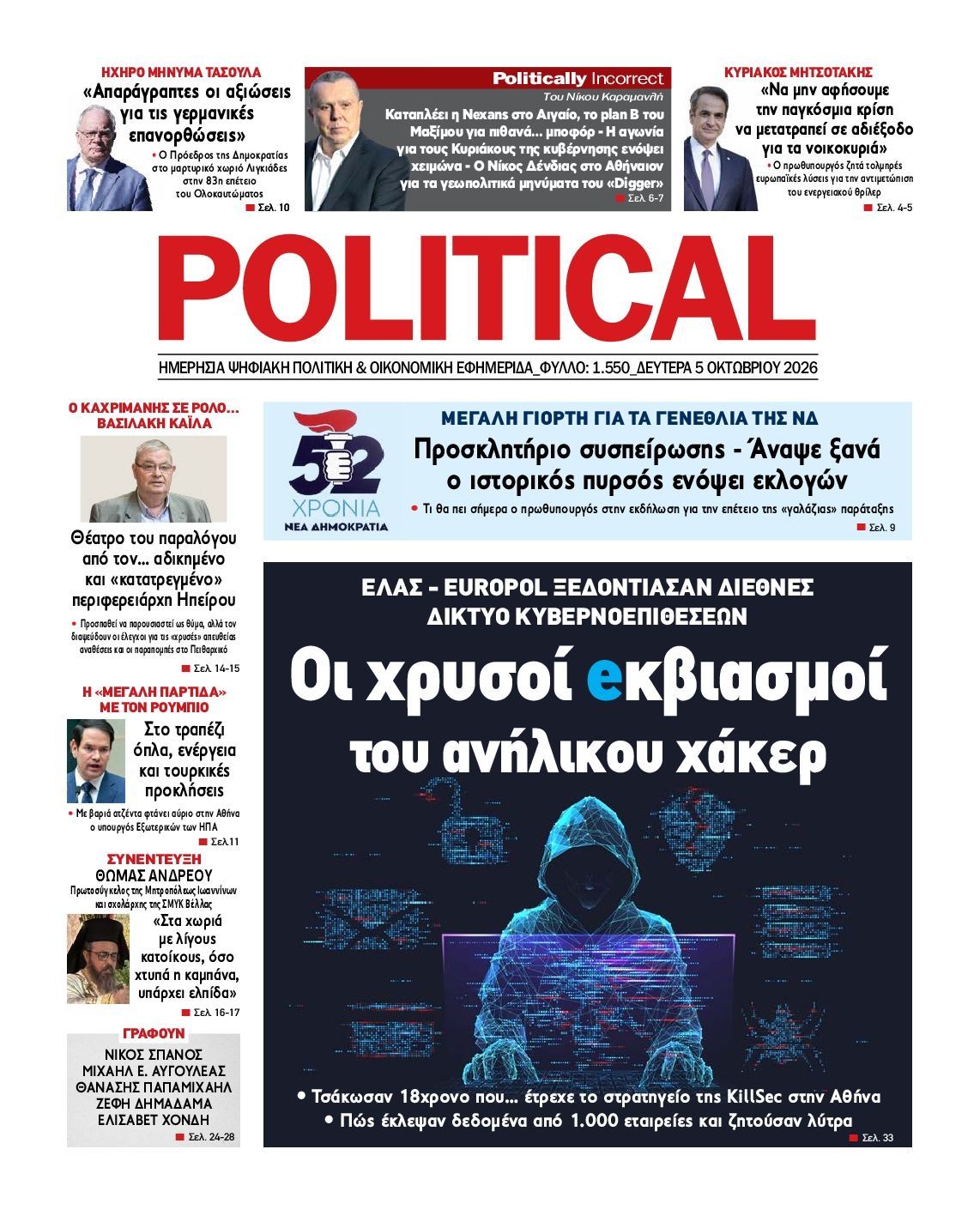Πρωτοσέλιδο εφημερίδας POLITICAL, Δευτέρα 5 Οκτωβρίου 2026