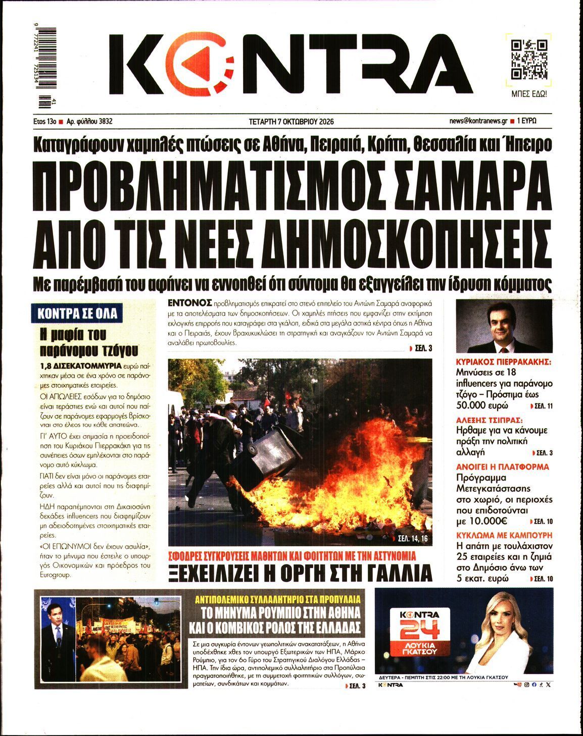 Πρωτοσέλιδο εφημερίδας KONTRA NEWS, Τετάρτη 7 Οκτωβρίου 2026