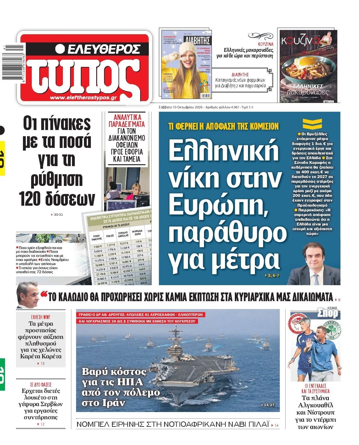 Πρωτοσέλιδο εφημερίδας ΕΛΕΥΘΕΡΟΣ ΤΥΠΟΣ, Σάββατο 10 Οκτωβρίου 2026
