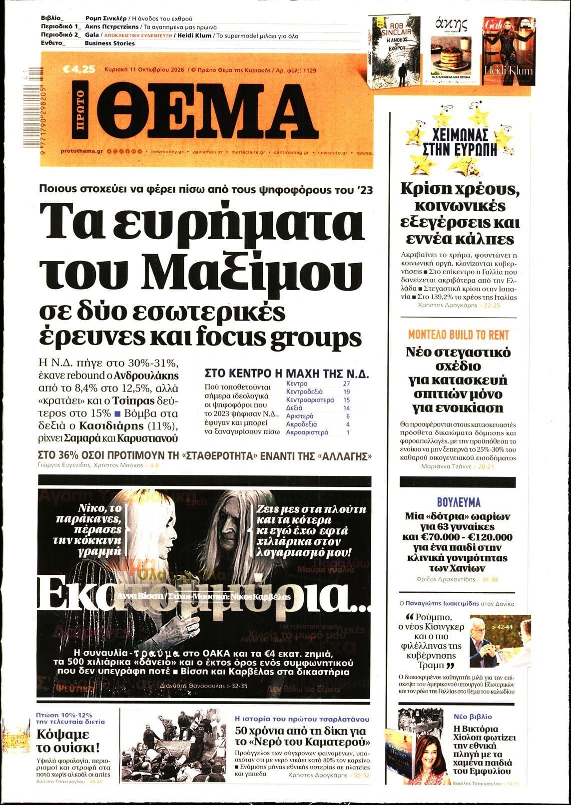 Πρωτοσέλιδο εφημερίδας ΠΡΩΤΟ ΘΕΜΑ, Κυριακή 11 Οκτωβρίου 2026