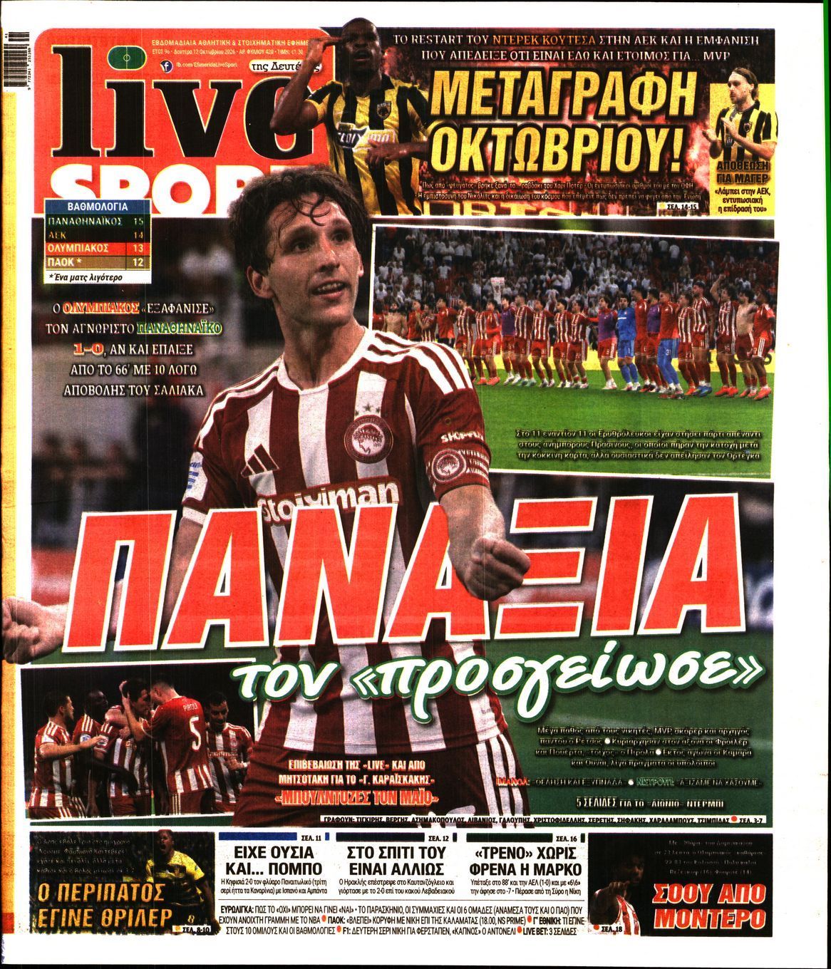 Πρωτοσέλιδο εφημερίδας LIVE SPORT, Δευτέρα 12 Οκτωβρίου 2026
