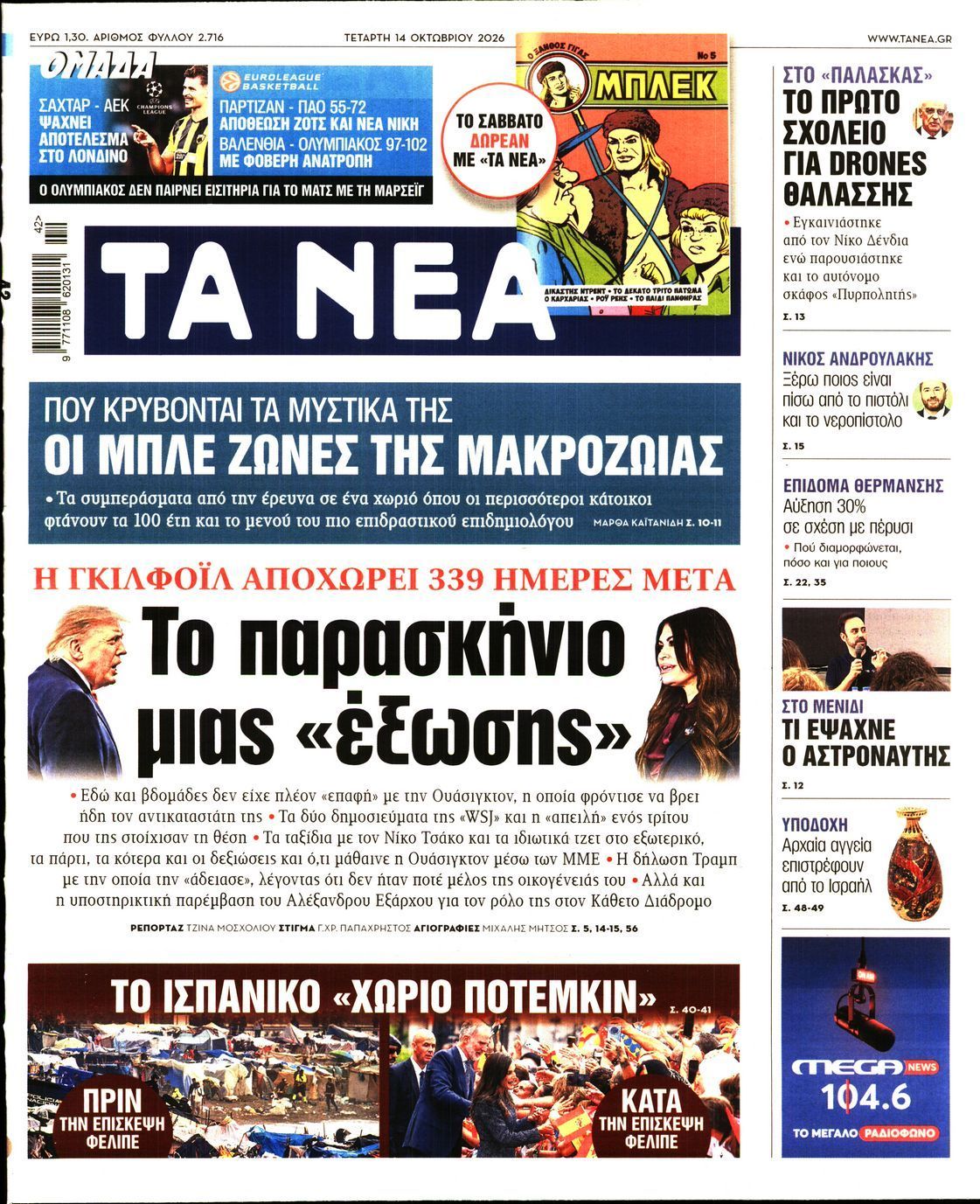 Πρωτοσέλιδο εφημερίδας ΤΑ ΝΕΑ, Τετάρτη 14 Οκτωβρίου 2026
